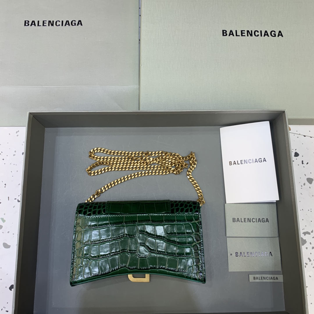 Balenciaga Small Hourglass Wallet With Chain Crocodile Embossed Shoulder Bag Dark Green